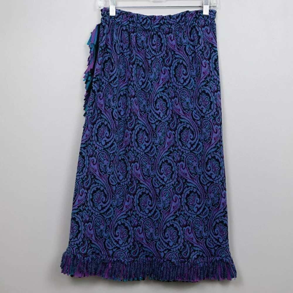 Vintage Expressions knitted fringe faux wrap midi skirt-S